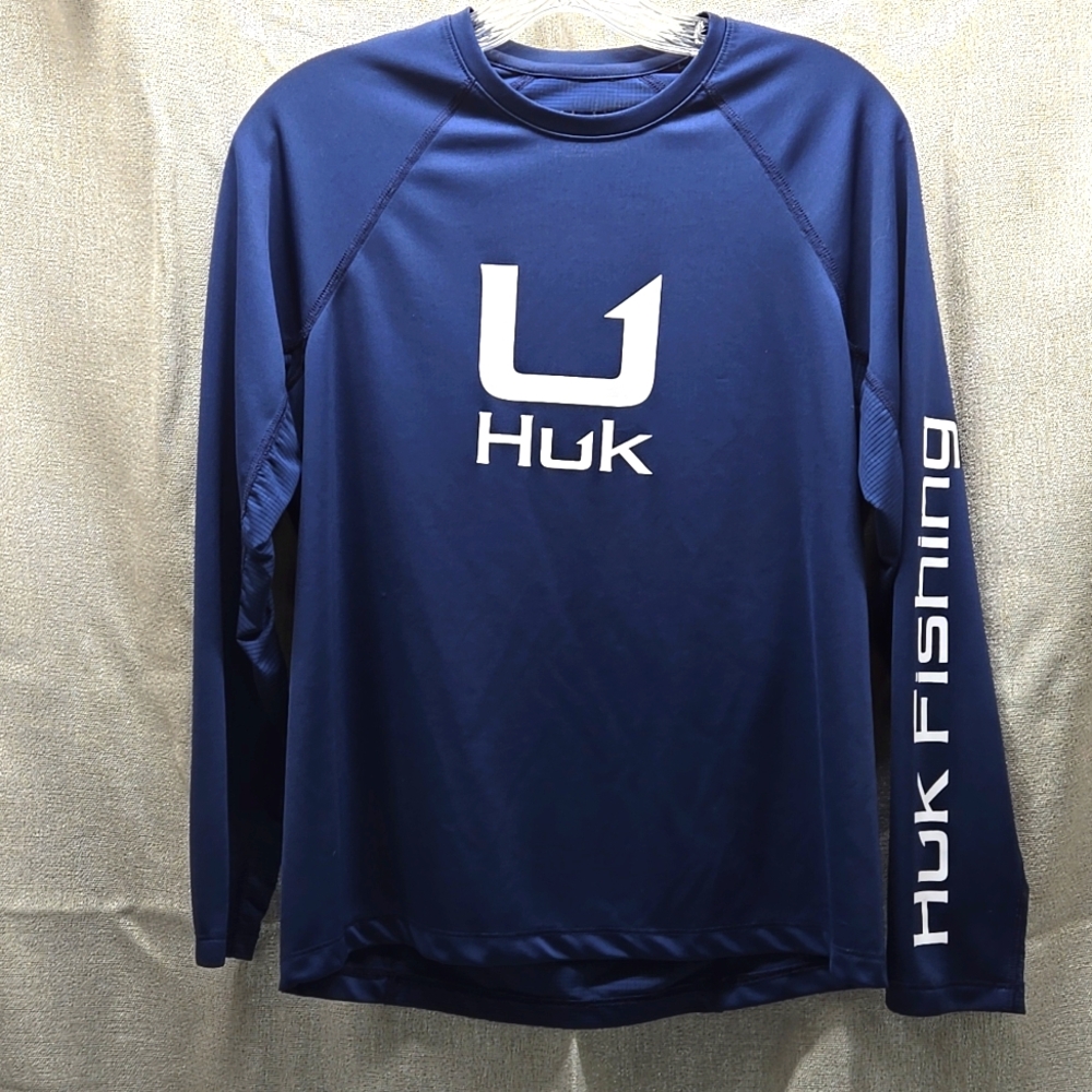 Huk Fishing, Long Sleeve, Crew Neck, Tee, Navy Blue, White, Vented Fabric, Sm